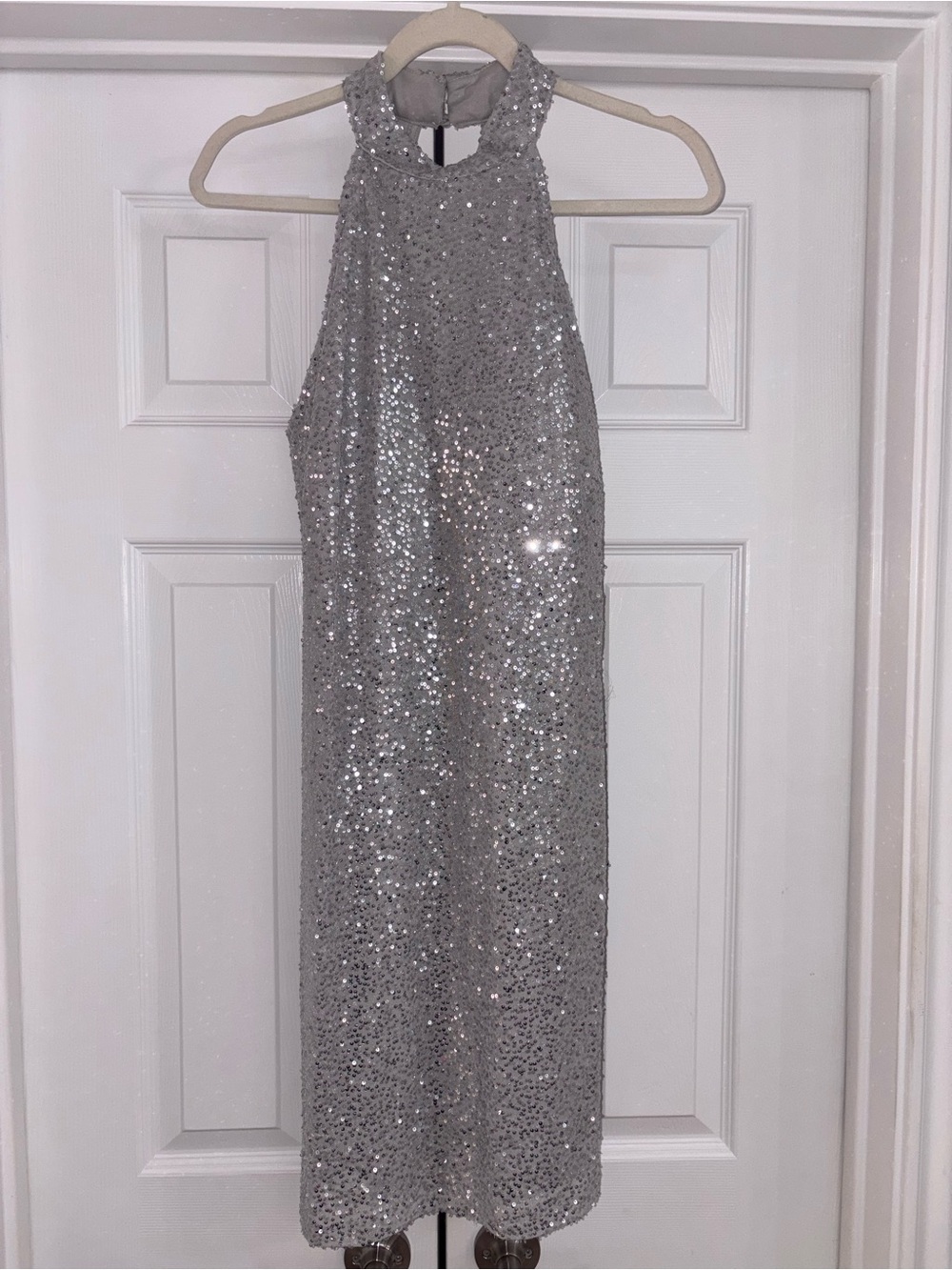 Silver Sequin Halter Midi Dress